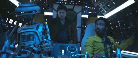 Phoebe Waller-Bridge as L3-37, Alden Ehrenreich as Han Solo and Donald Glover as Lando Calrissian